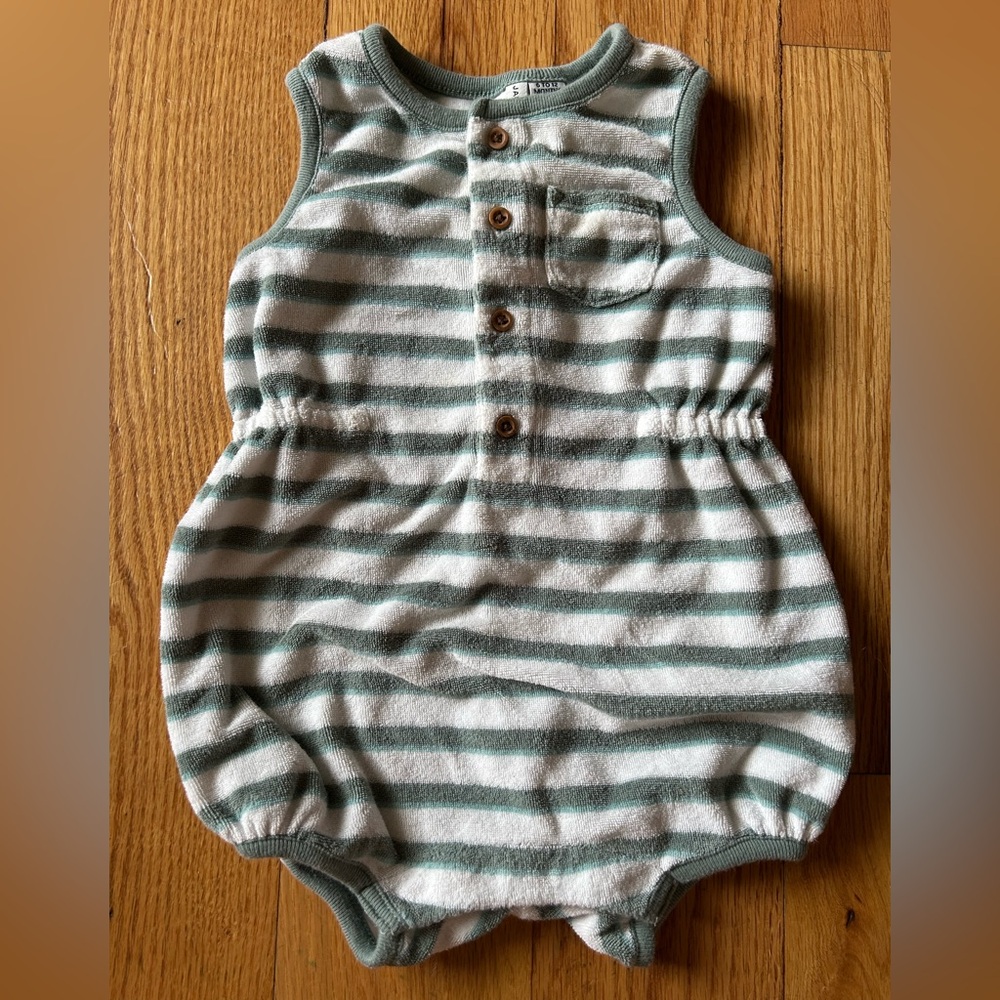 Janie and Jack Green and White Terrycloth Romper